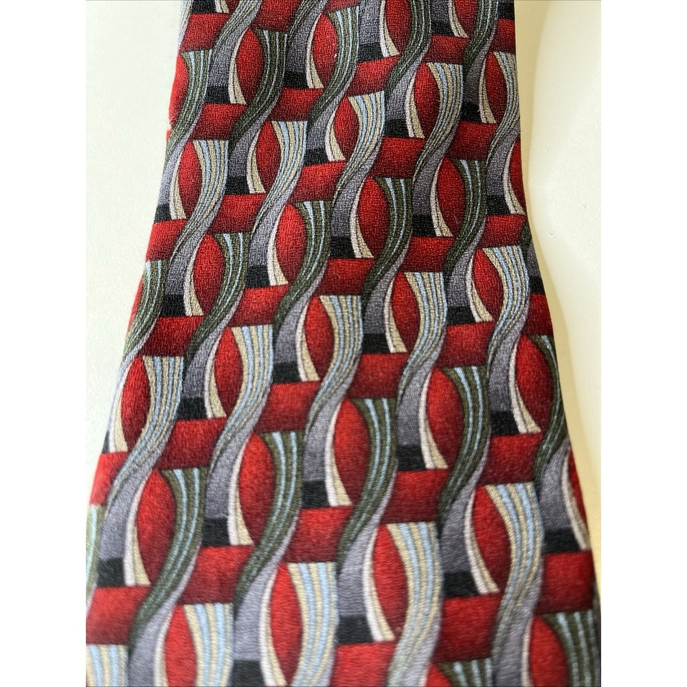Antonia Collection EXTRA LONG Italian 100% Silk Tie Red Silver Geometric Career - Picture 4 of 6